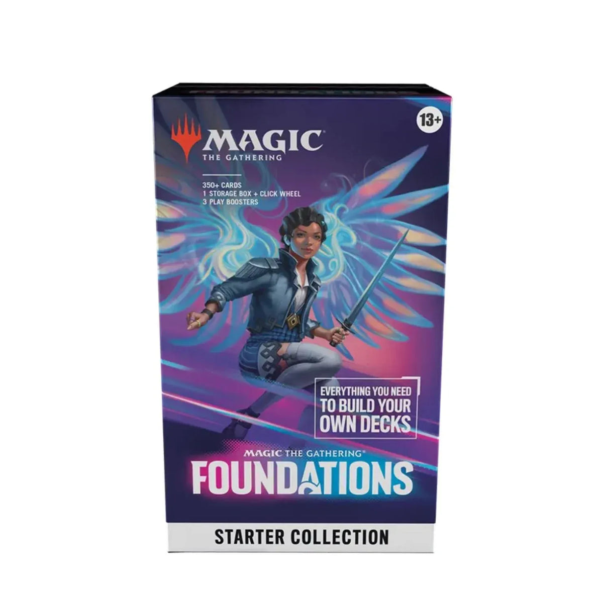 Magic: The Gathering - Foundations Starter Collection box featuring a fantasy character with glowing wings holding a sword, with text listing its contents and the set name.