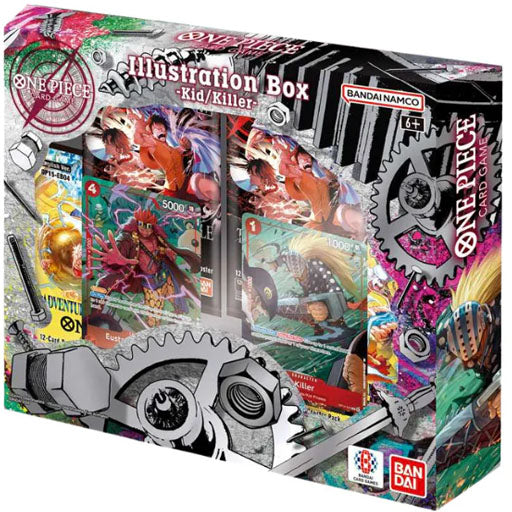 One Piece Card Game: Illustration Box - Kid/Killer - Vol. 8 (IB-08) by Bandai, featuring vibrant character cards of Eustass Kid and Killer, gears, and branded packaging. Suitable for ages 6 and up.