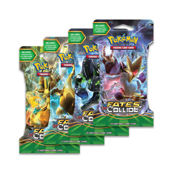 Four Pokémon TCG: Fates Collide Sleeved Booster Packs from The Pokémon Company stand in a row, each showcasing unique Pokémon artwork and containing 10 additional game cards.