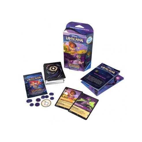 Two Ravensburger Disney Lorcana: Ursula’s Return Starter Decks – Amber/Amethyst are shown, featuring illustrated Disney characters on colorful packaging designed for ages 8 and up.