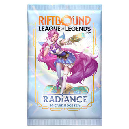 Riftbound: League of Legends TCG: Set 05: Radiance - Booster Pack featuring a pink-haired female character in a blue and white outfit holding a glowing hammer, with the text Radiance 14-Card Booster below her.