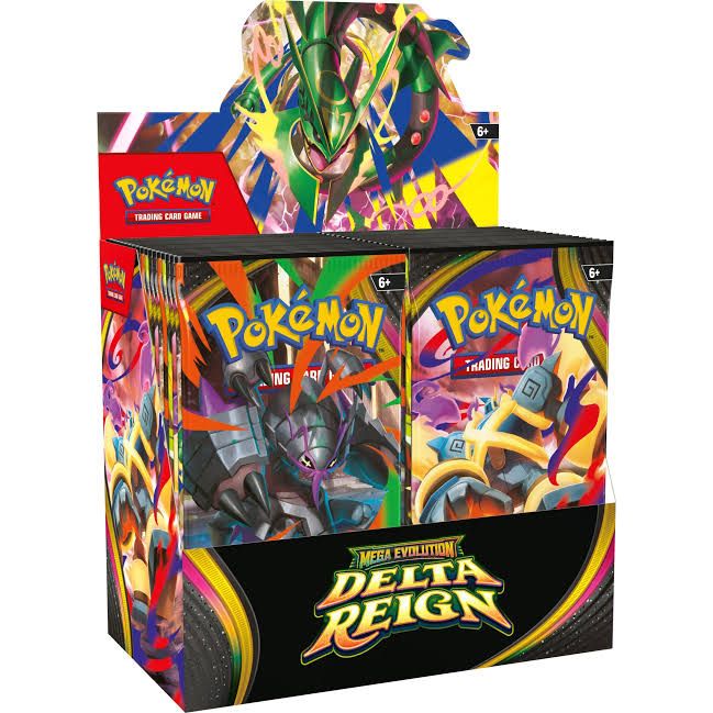 The Pokémon TCG: Delta Reign Booster Box by The Pokémon Company features packs with vibrant artwork of Rayquaza and other Pokémon. The box, marked with the Mega Evolution Delta Reign logo, is recommended for ages 6 and up.