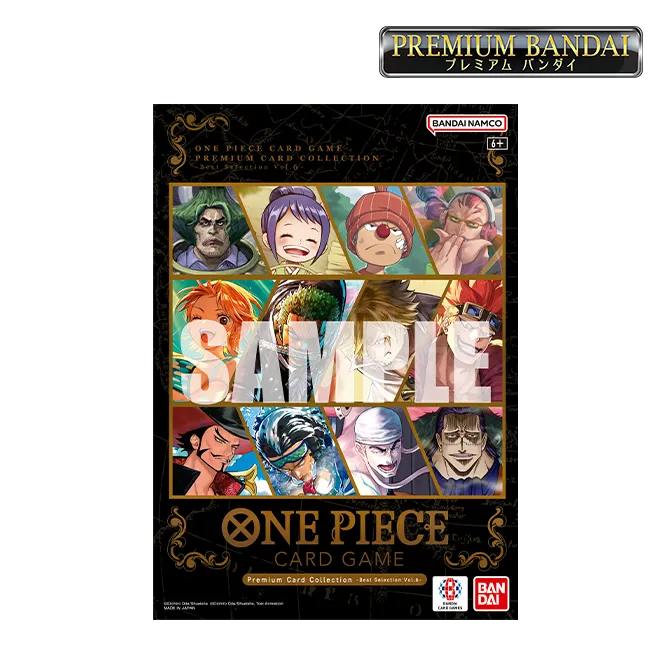Box art for the One Piece Card Game: Premium Card Collection -Best Selection Vol.6, featuring portraits of various One Piece characters, with SAMPLE overlaid and Bandai branding at the top.