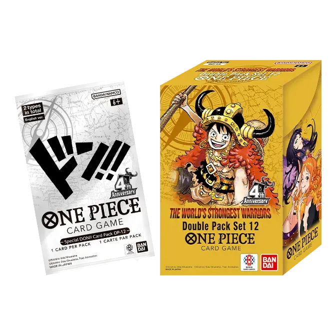 A One Piece Card Game 4th Anniversary Special DON!! card pack next to its corresponding One Piece Card Game: DP12: The World’s Strongest Warriors Double Pack Set Vol.12 box featuring Monkey D. Luffy.