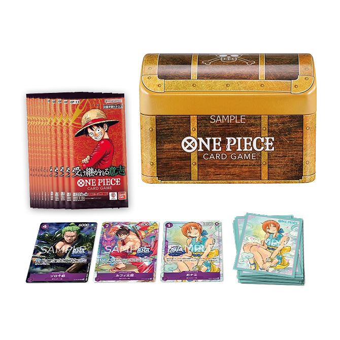 Bandai One Piece Card Game: Treasure Chest vol.1 designed to look like a pirate treasure chest, featuring the series logo and the word SAMPLE on the lid.