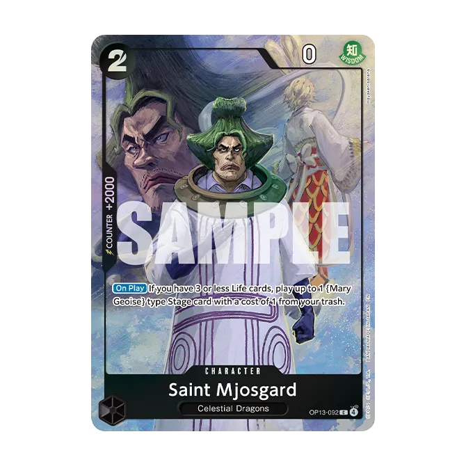 A Bandai One Piece Card Game: Premium Card Collection -Best Selection Vol.6 trading card featuring Saint Mjosgard in ornate attire, accompanied by two background characters. The card displays character information and stats, with a prominent SAMPLE watermark across the center.