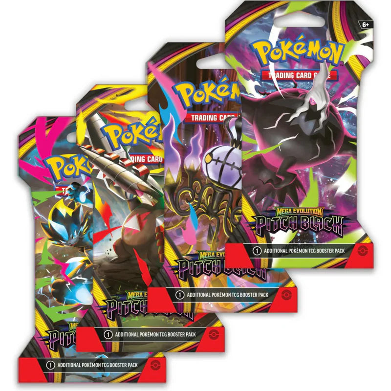 Three colorful Pokémon TCG: Pitch Black Sleeved Booster Packs from The Pokémon Company, each with unique Pokémon artwork on the packaging.