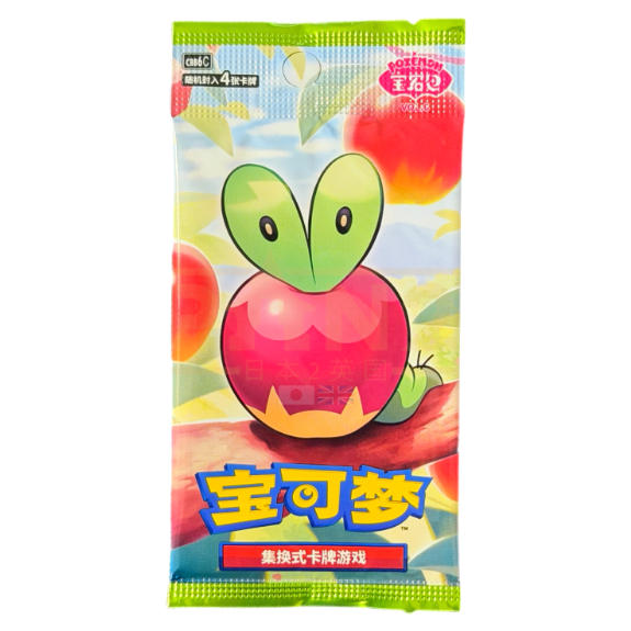 A colorful packet featuring a cartoon fruit character with green leaves and a pink body, set against a peach-themed background. Chinese text appears at the top and bottom of the packaging, giving it a playful look reminiscent of The Pokémon Company’s Pokémon TCG: Gem Pack Vol. 6 Booster Pack (Kinesisk) from the Scarlet & Violet series.