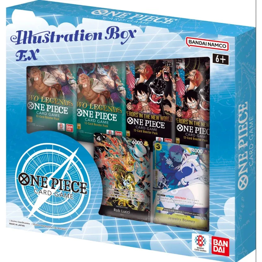 A Bandai One Piece Card Game: Illustration Box EX (North America Exclusive) featuring four booster packs and two promo cards of Rob Lucci and Jewelry Bonney.