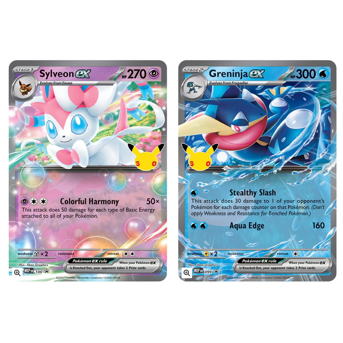 Introducing the Pokémon TCG: 30th Celebration Pokémon ex Box by The Pokémon Company, featuring two special trading cards—Sylveon ex with a vibrant pink background and Greninja ex against a dynamic blue water backdrop. Each card showcases beautifully illustrated Pokémon, complete with detailed stats, powerful moves, and a commemorative Pikachu icon with an exclusive number in the lower right corner. These cards make perfect additions to any booster pack or serve as standout highlights for fans celebrating