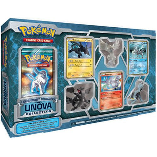 The Pokémon Company’s Pokémon TCG: B&W Legendary Dragons of Unova Collection includes trading cards, two dragon figurines, and collectible sealed packaging with blue and silver accents.