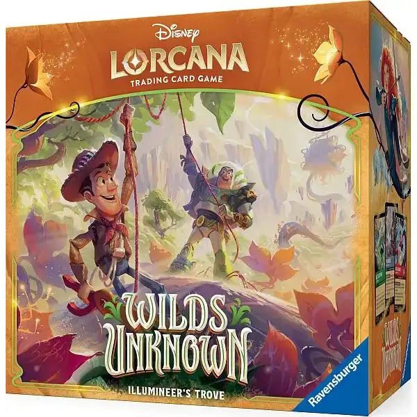 Disney Lorcana: Wilds Unknown Illumineer's Trove by Ravensburger features two animated adventurers in a lush, magical jungle with floating islands. Ideal for collectors and fans of this enchanting trading card game.
