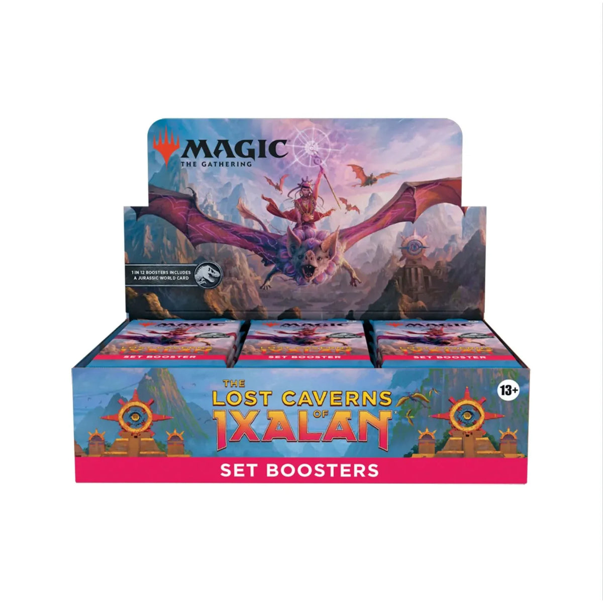 Magic: The Gathering - The Lost Caverns of Ixalan Set Booster Display box containing multiple packs, featuring fantasy artwork of a character riding a winged creature above a cavernous landscape.