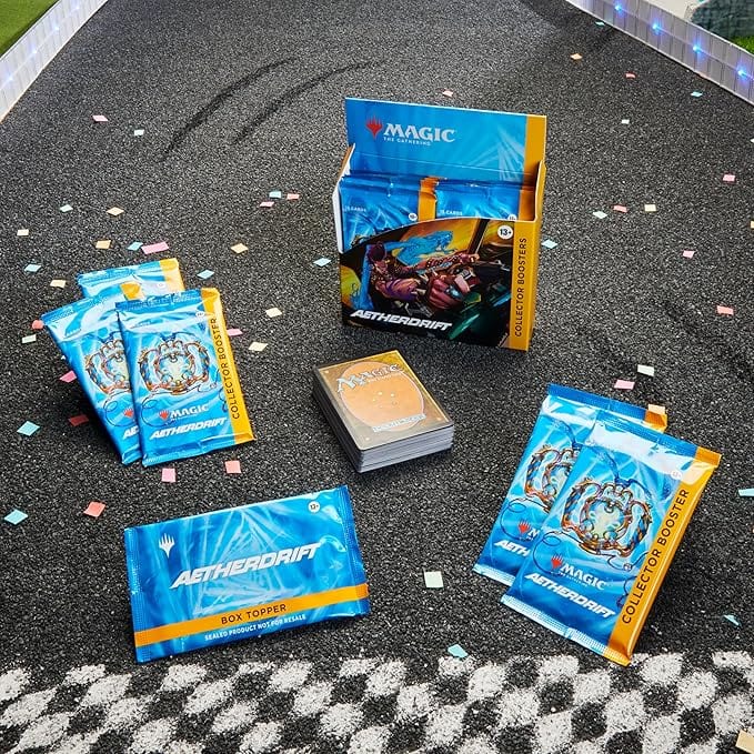 The Magic the Gathering: Aetherdrift Collector Booster Box by Wizards of the Coast features eye-catching fantasy art and includes multiple Collector Booster Packs, each containing 15 collectible cards.