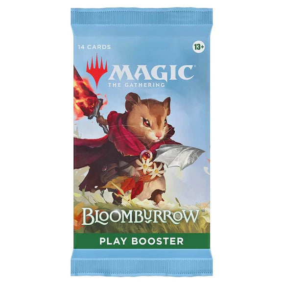 Embark on an adventure with the Magic the Gathering: Bloomburrow Play Booster Pack by Wizards of the Coast, featuring a heroic hamster in a red cape with sword and flower, plus the Magic: The Gathering logo and "14 Cards" text above.