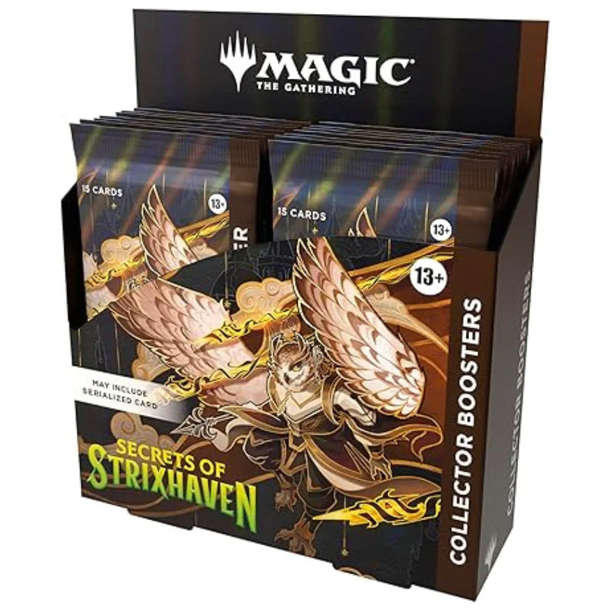 A Magic: The Gathering - Secrets of Strixhaven Collector Booster Display box containing twelve packs, featuring an illustration of an owl-like creature with wings.