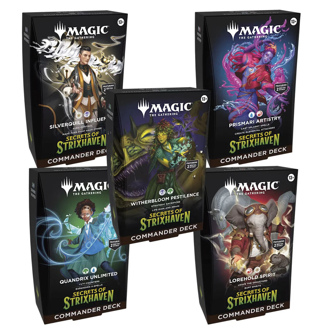 Five Magic the Gathering: Secrets of Strixhaven Commander Decks by Wizards of the Coast—each prebuilt with unique fantasy characters and vibrant artwork inspired by different Strixhaven school factions.