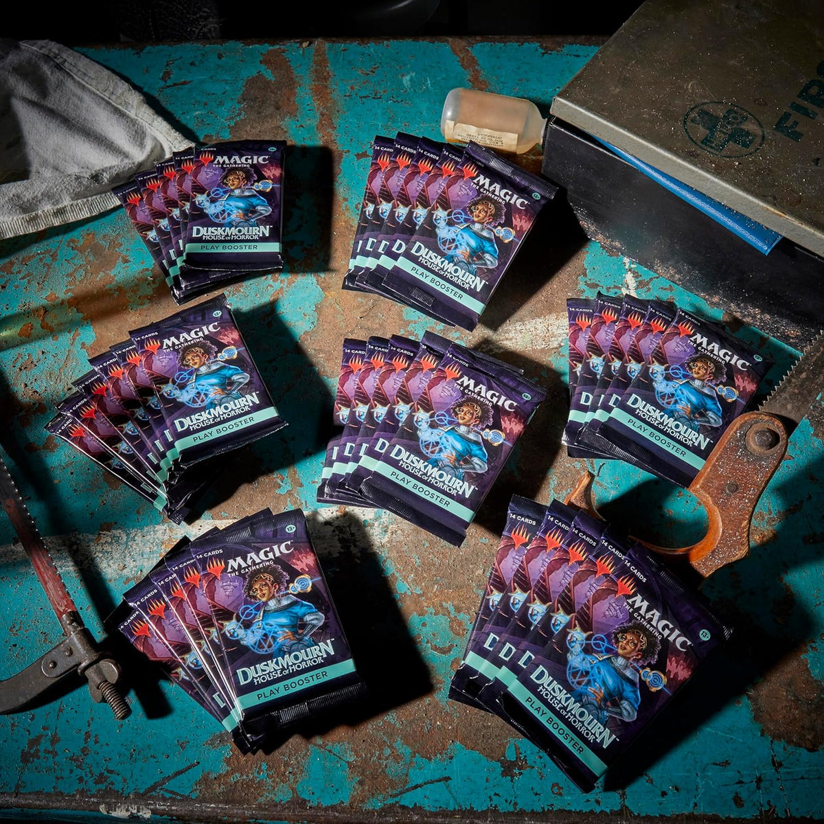 The Magic the Gathering: Duskmourn House of Horror Play Booster Pack by Wizards of the Coast contains 14 cards and is suited for ages 13+. Features a futuristic, glowing character on a purple background.