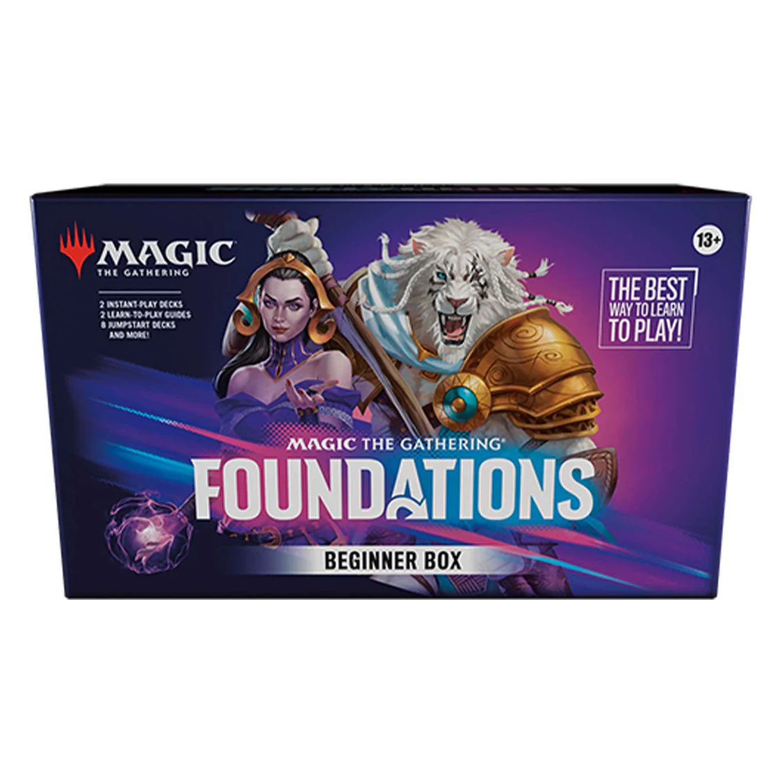 Discover Magic the Gathering: Foundations Beginner Box by Wizards of the Coast—featuring illustrated heroes like a white lion warrior and purple mage. The best way to learn to play MTG! Perfect for ages 13+—ideal for new Magic players.