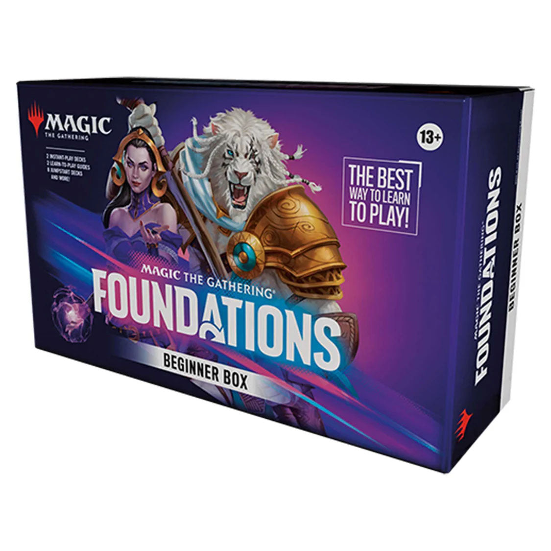 Discover Magic the Gathering: Foundations Beginner Box by Wizards of the Coast—featuring illustrated heroes like a white lion warrior and purple mage. The best way to learn to play MTG! Perfect for ages 13+—ideal for new Magic players.