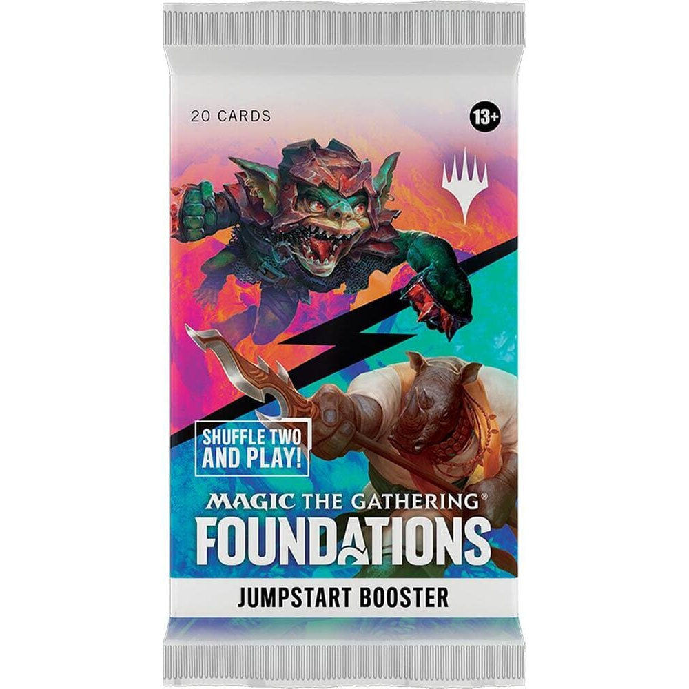 The Magic the Gathering: Foundations Jumpstart Booster Pack by Wizards of the Coast features colorful artwork of a goblin and knight, with “Shuffle Two and Play!” and “20 Cards” on the Foundations-themed packaging.