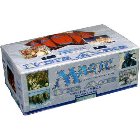 A sealed Magic the Gathering: Ice Age Booster Pack by Wizards of the Coast, featuring set-themed artwork and card images on its blue and white packaging.