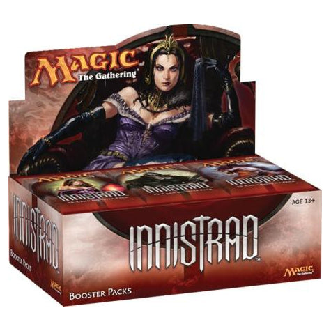 The Magic the Gathering: Innistrad Booster Box by Wizards of the Coast features dark gothic artwork and includes sealed booster packs. The red box is labeled “Innistrad” and is suitable for ages 13 and up.