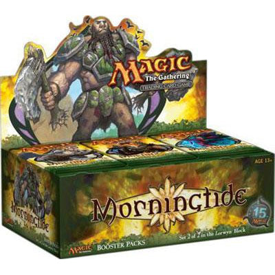 The Magic the Gathering: Morningtide Booster Box by Wizards of the Coast showcases fantasy art of an armored giant warrior with a large weapon, featuring the set name and logo from the Lorwyn–Morningtide block.