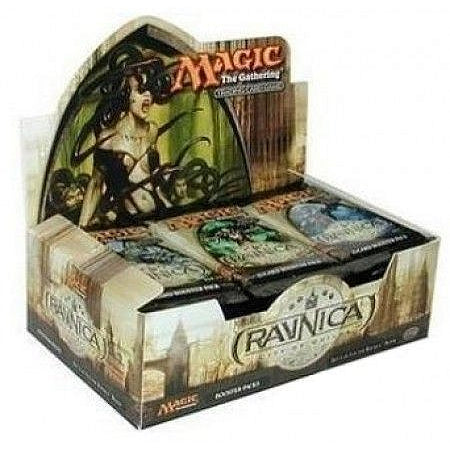 The Magic the Gathering: Ravnica City of Guilds Booster Box by Wizards of the Coast features fantasy artwork on its packaging and includes several sealed booster packs, making it perfect for collectors and fans alike.