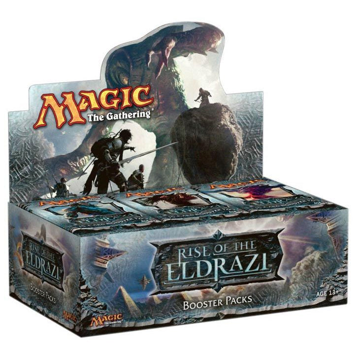 The Magic the Gathering: Rise of the Eldrazi Booster Box by Wizards of the Coast features epic fantasy art and is sealed for ages 13+.