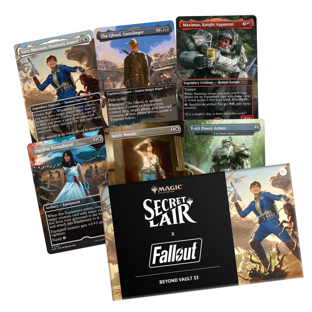 The box art for Wizards of the Coast’s Magic the Gathering: Secret Lair x Fallout – Beyond Vault 33 features a Vault Dweller in a blue suit holding a gun, surrounded by creatures. The text reads “BEYOND VAULT 33.”.