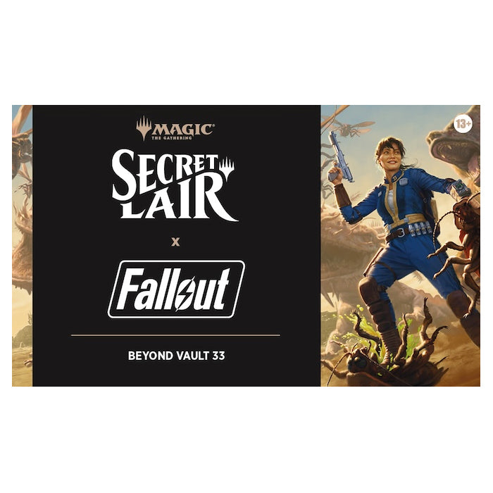 The box art for Wizards of the Coast’s Magic the Gathering: Secret Lair x Fallout – Beyond Vault 33 features a Vault Dweller in a blue suit holding a gun, surrounded by creatures. The text reads “BEYOND VAULT 33.”.