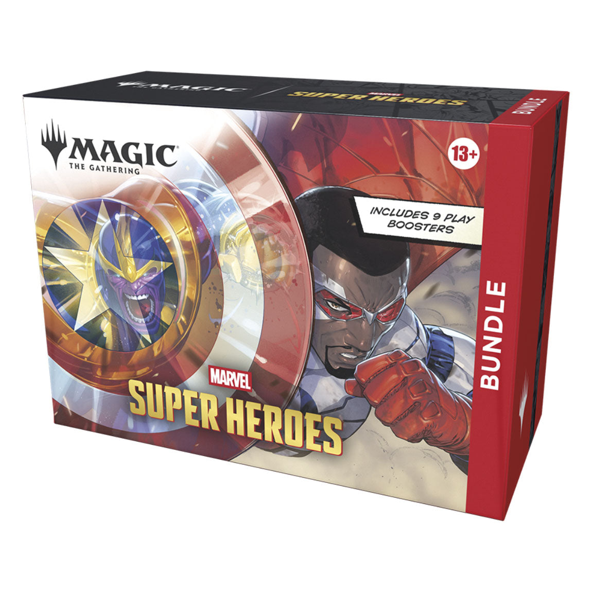 The Magic the Gathering: Marvel Super Heroes Bundle by Wizards of the Coast includes 9 play boosters and features superheroes like one in a red suit with a shield. For ages 13+.
