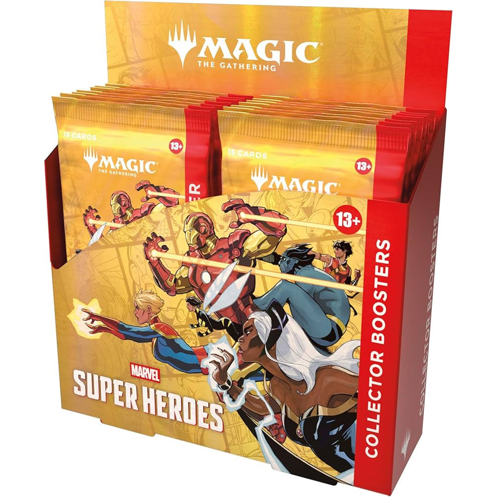 The Magic the Gathering: Marvel Super Heroes Collector Booster Box by Wizards of the Coast features bold red and yellow packaging with Iron Man, Captain Marvel, and Black Panther, plus both Marvel and Magic logos.