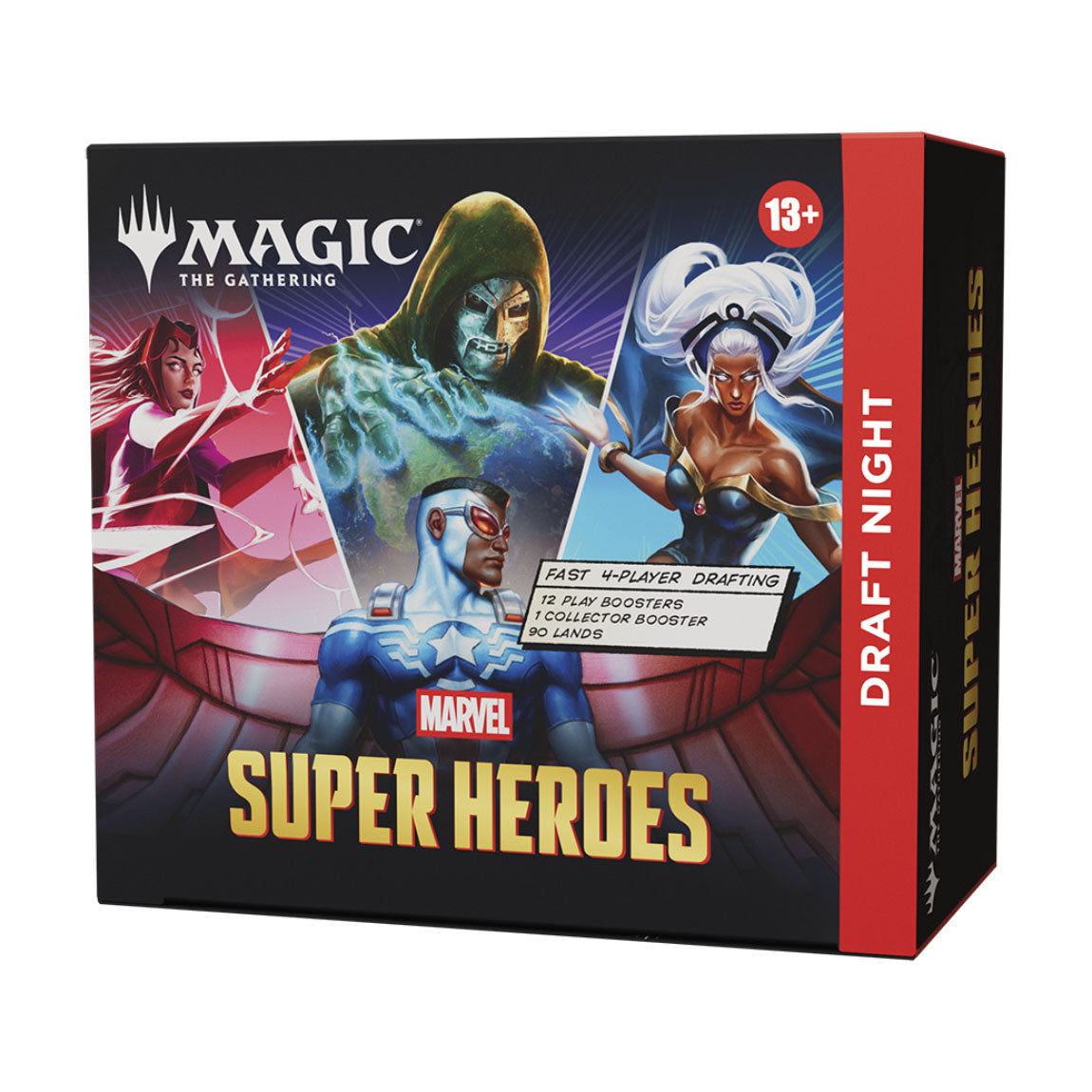 Wizards of the Coast's Magic the Gathering: Marvel Super Heroes Draft Night Play Booster Box features heroes like Captain America, Storm, Dr. Doom, and Scarlet Witch, is rated 13+, and has “Draft Night” boldly displayed on the side.