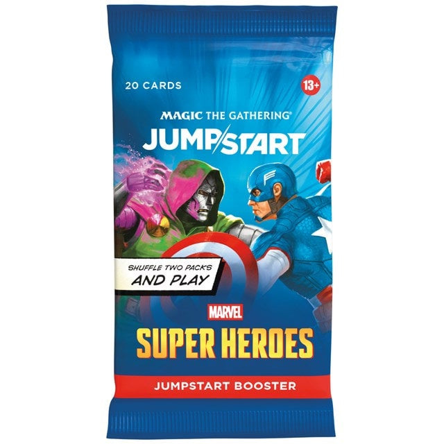 A Magic: The Gathering - Marvel Super Heroes Jumpstart Booster Display box containing multiple card game packs, each featuring artwork of superheroes on the packaging.