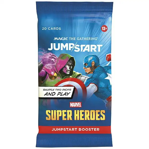 The Magic the Gathering: Marvel Super Heroes Jumpstart Booster Pack by Wizards of the Coast features iconic Marvel heroes like Doctor Doom, Captain America, and Scarlet Witch, with “Shuffle two packs and play” and “20 cards” on the packaging.