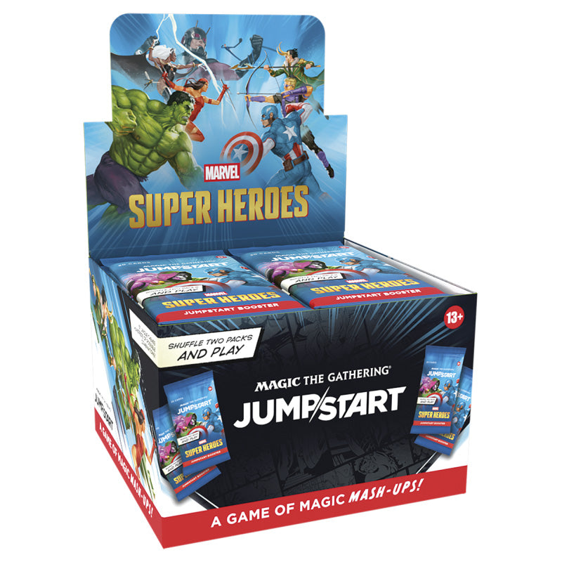 A Magic: The Gathering - Marvel Super Heroes Jumpstart Booster Display box containing multiple card game packs, each featuring artwork of superheroes on the packaging.
