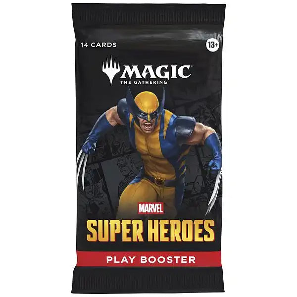 The Magic the Gathering: Marvel Super Heroes Play Booster Pack by Wizards of the Coast features Black Panther, includes 14 cards, and is suitable for ages 13+.
