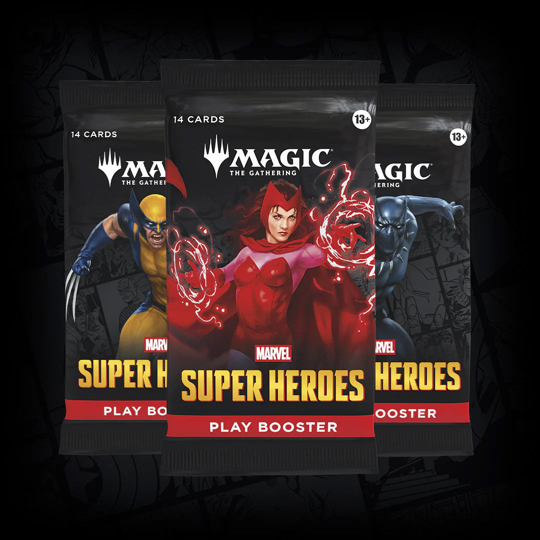 Magic: The Gathering - Marvel Super Heroes Play Booster Display box featuring Marvel superheroes including Black Panther, Wolverine, and Scarlet Witch.