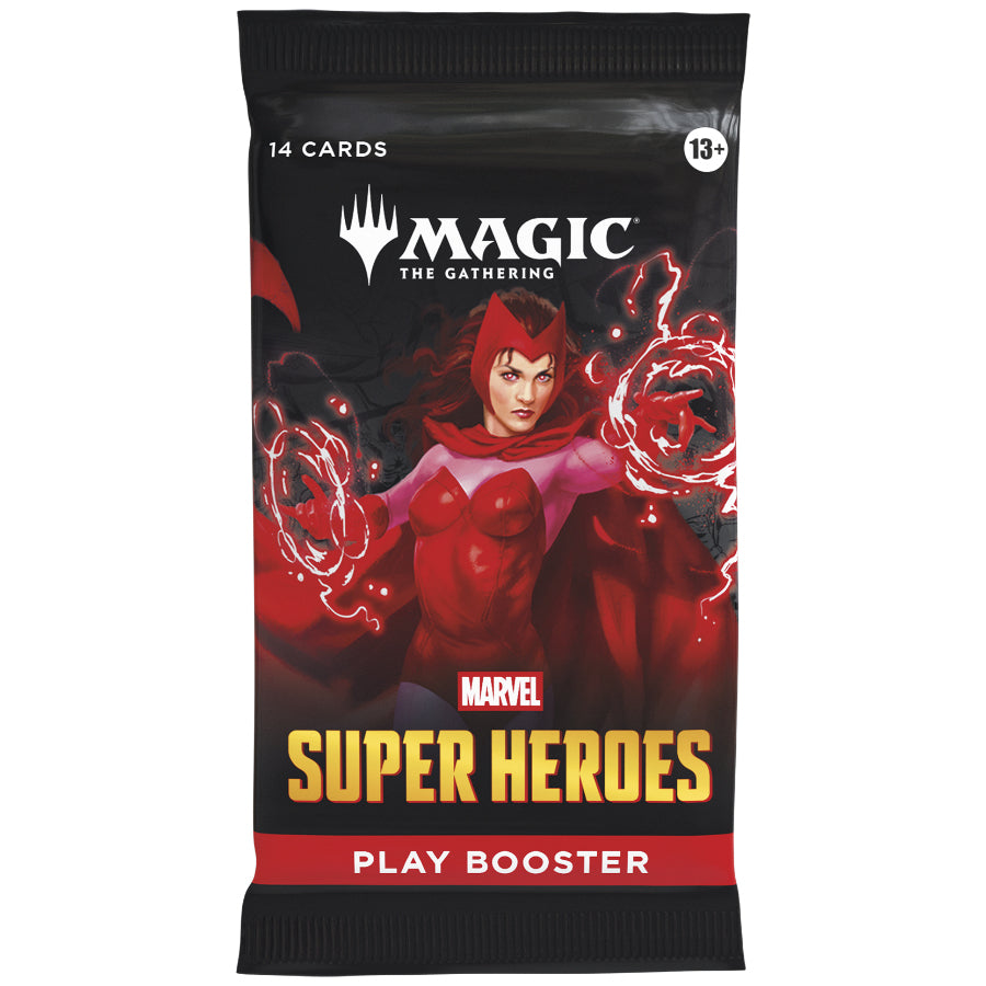 The Wizards of the Coast Magic the Gathering: Marvel Super Heroes Play Booster Pack features Scarlet Witch with glowing red powers, contains 14 cards, is labeled for ages 13+, and showcases a bold black and red design.