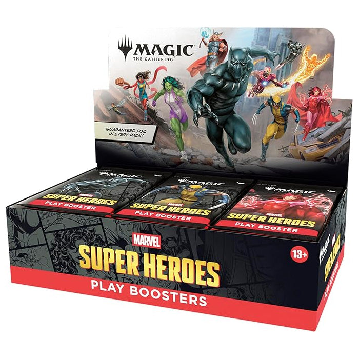 Magic: The Gathering - Marvel Super Heroes Play Booster Display box featuring Marvel superheroes including Black Panther, Wolverine, and Scarlet Witch.