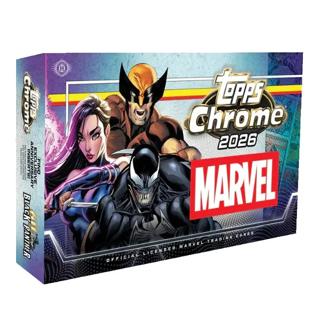 The Topps Chrome Marvel Comics 2026 Hobby Box by Topps features Wolverine, Psylocke, and Venom on the cover with a striking Marvel logo and vivid background design.