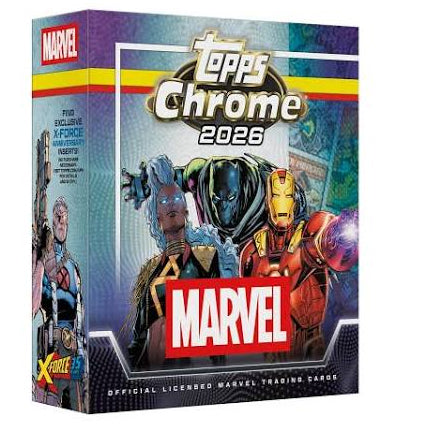 The Topps Chrome Marvel Comics 2026 Mega Box by Topps features Storm, Black Panther, and Iron Man on the cover, with bold Marvel and X-Force logos.
