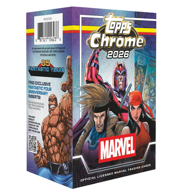 Topps Chrome Marvel Comics 2026 Value Box features illustrated cards of Magneto, Gambit, Elektra, and the Thing. Packaging celebrates Fantastic Four’s 65th anniversary and teases exclusive inserts.