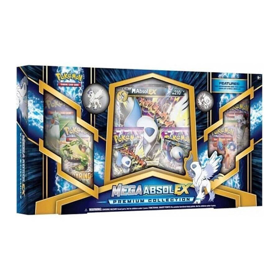 The Pokémon Company’s Pokémon TCG: Mega Absol EX Premium Collection Box contains trading cards, booster packs, a Mega Absol-EX promo card, collectible pin, metallic coin, and Absol-themed artwork on the box.