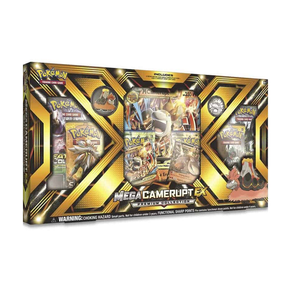 The Pokémon TCG: Mega Camerupt EX Premium Collection Box by The Pokémon Company features booster packs, jumbo and EX Camerupt cards, a pin, and a metallic coin in gold-and-black packaging—a must-have Pokémon samlerboks for collectors!.