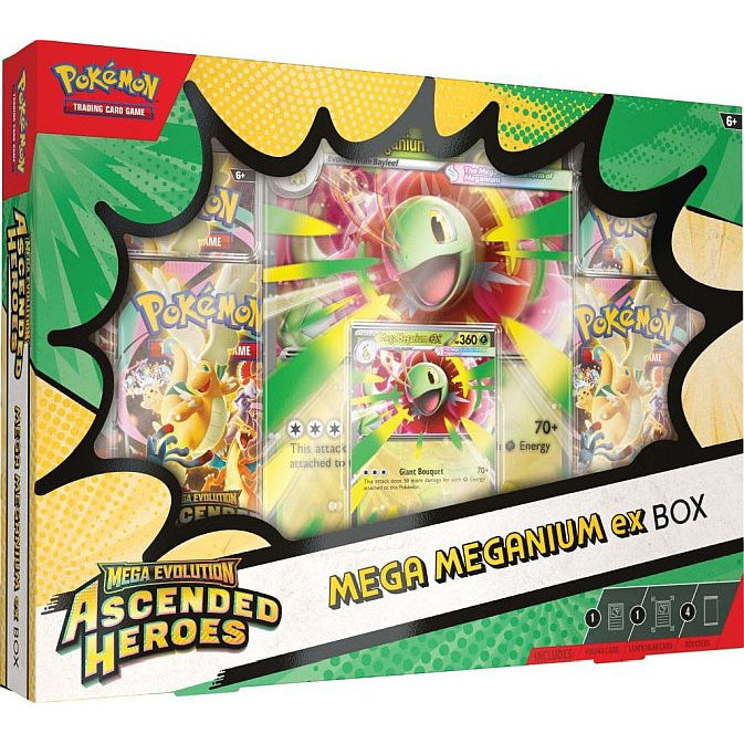 The Pokémon Company’s Pokémon TCG: Ascended Heroes ex box features Mega Meganium ex, booster packs, a visible Mega Meganium ex promo card, and colorful, vibrant packaging.