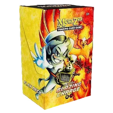 A yellow MetaZoo TCG: Flex Decks - Wave 1 starter deck box labeled Blazing Charge, featuring a cartoon character with a small engine and a fiery bird.