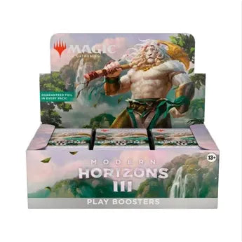 A Magic: The Gathering - Modern Horizons 3 Play Booster Display box, featuring an illustration of a lion-headed warrior wielding a staff in front of a waterfall.